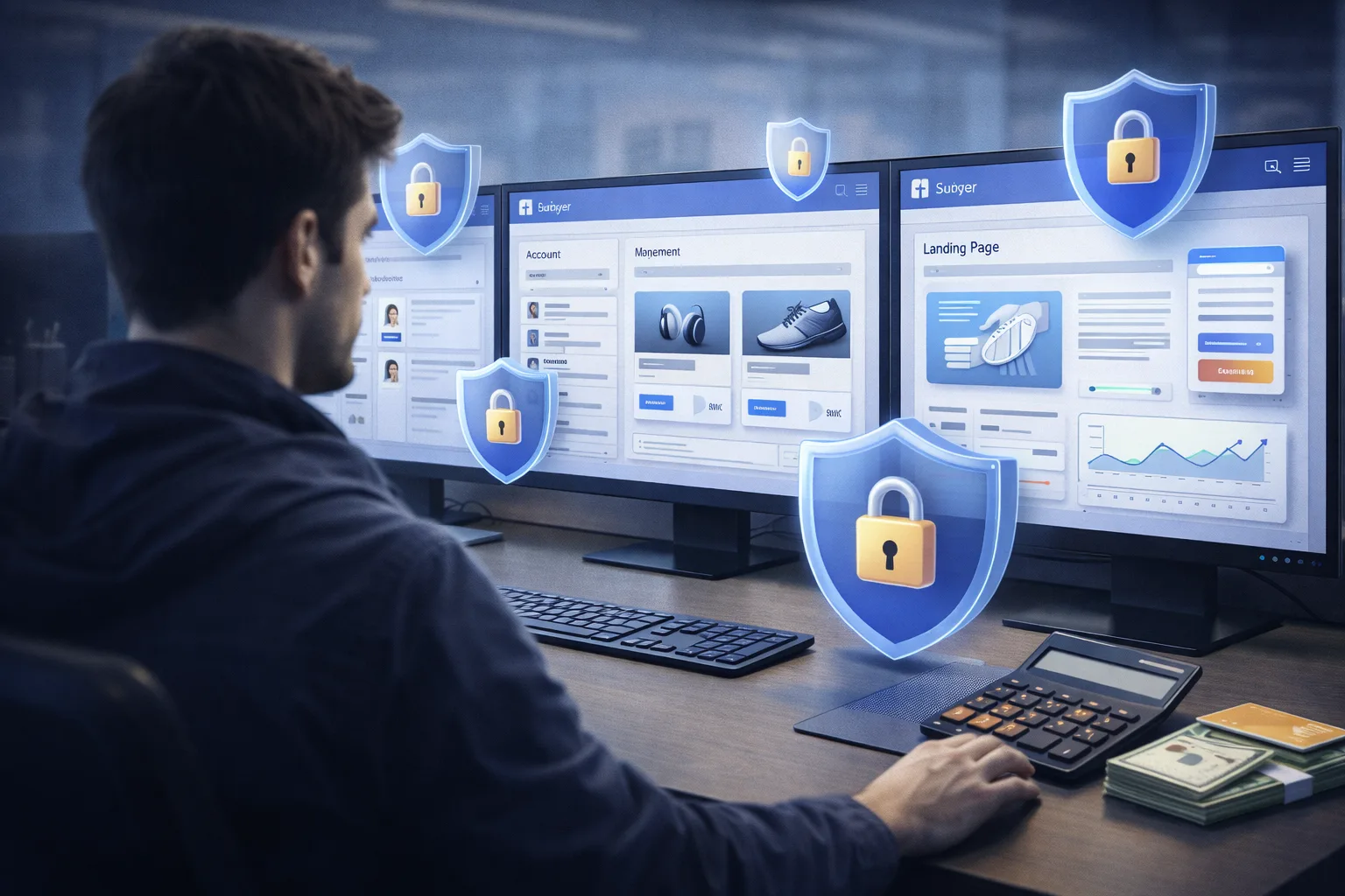 Minh họa người làm quảng cáo đang quản lý chiến dịch VPCS với nhiều lớp bảo vệ để chạy an toàn hơn