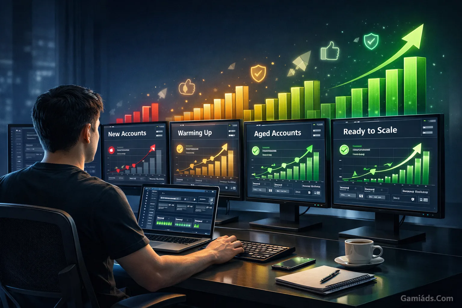 Minh họa quy trình nuôi dàn tài khoản quảng cáo theo từng giai đoạn để tăng độ ổn định trước khi lên camp