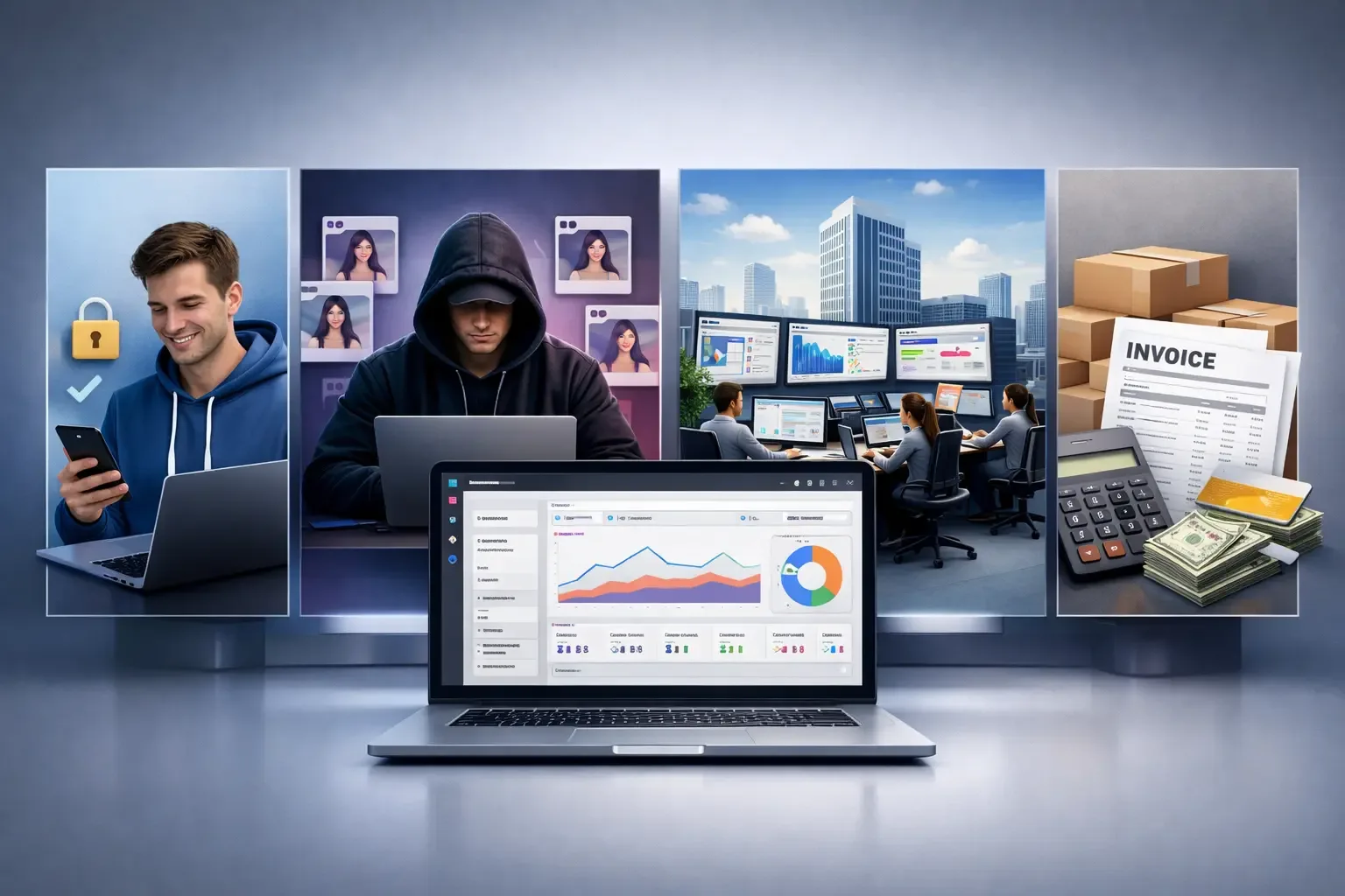 Minh họa tổng quan các loại tài khoản Facebook gồm Via, Clone, BM và Invoice trong bối cảnh chạy quảng cáo