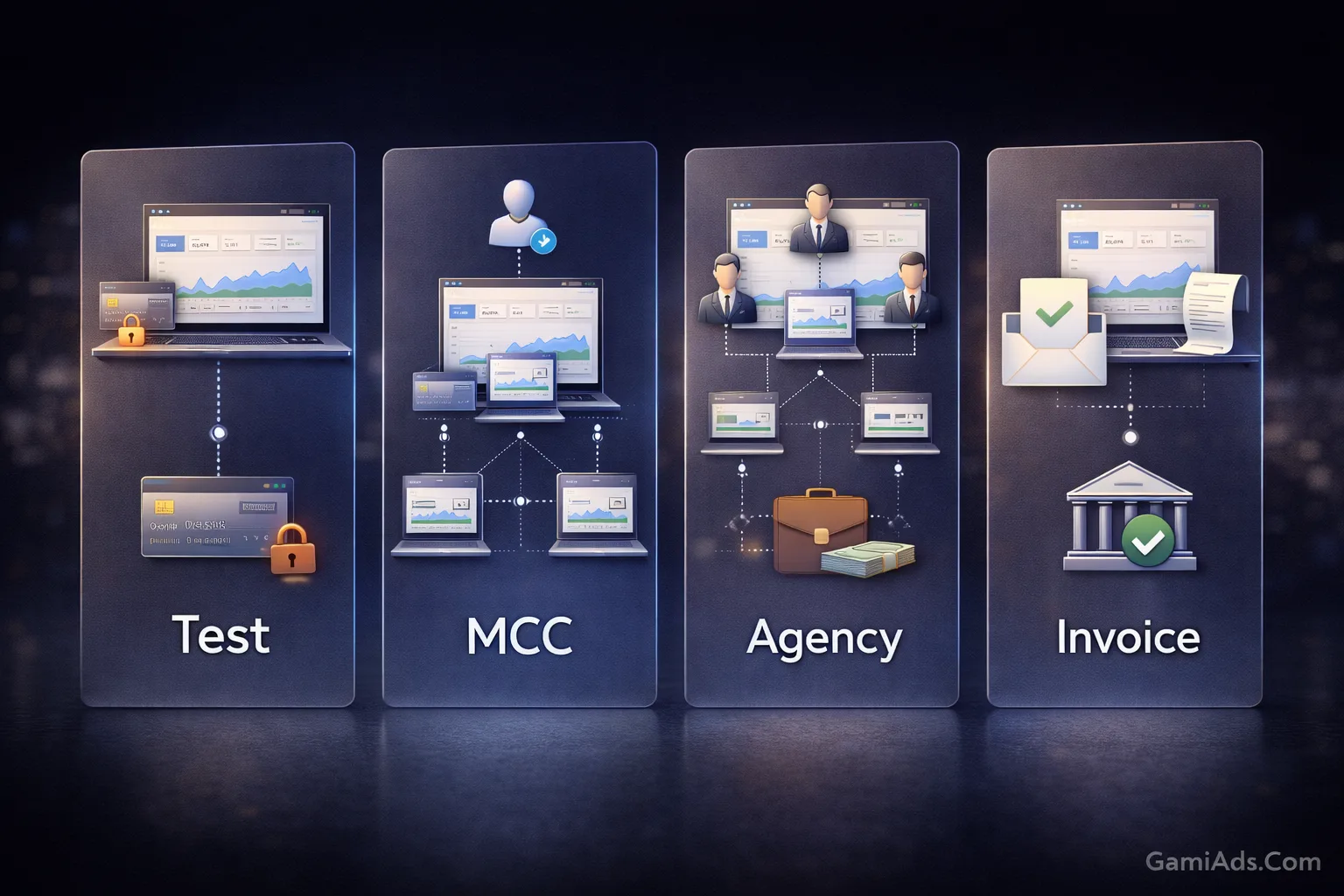 An illustration of common Google Ads account types such as standard accounts, MCC, Agency, and Invoice