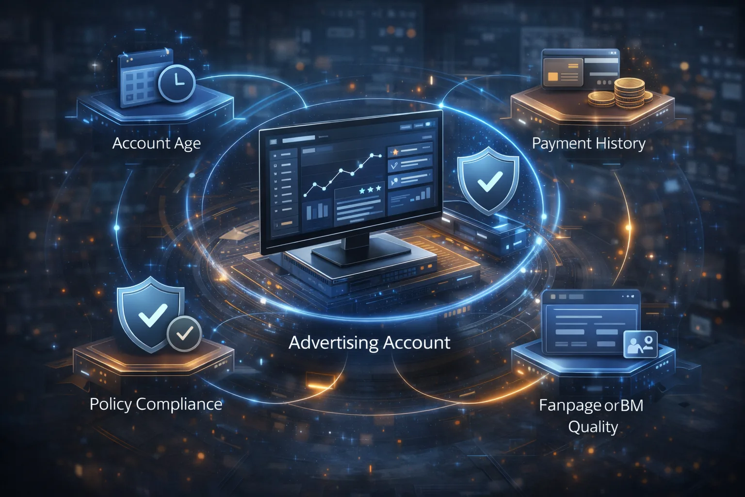 Minh họa các yếu tố cấu thành Trust Score gồm lịch sử tài khoản, thanh toán, chính sách và tài sản liên kết