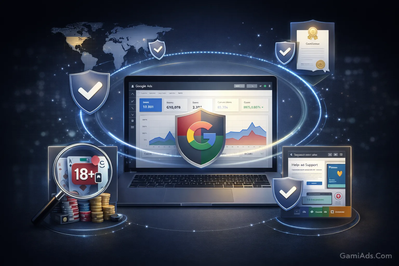An illustration of Google Ads gambling policy with layered requirements around location, certification, and age restrictions