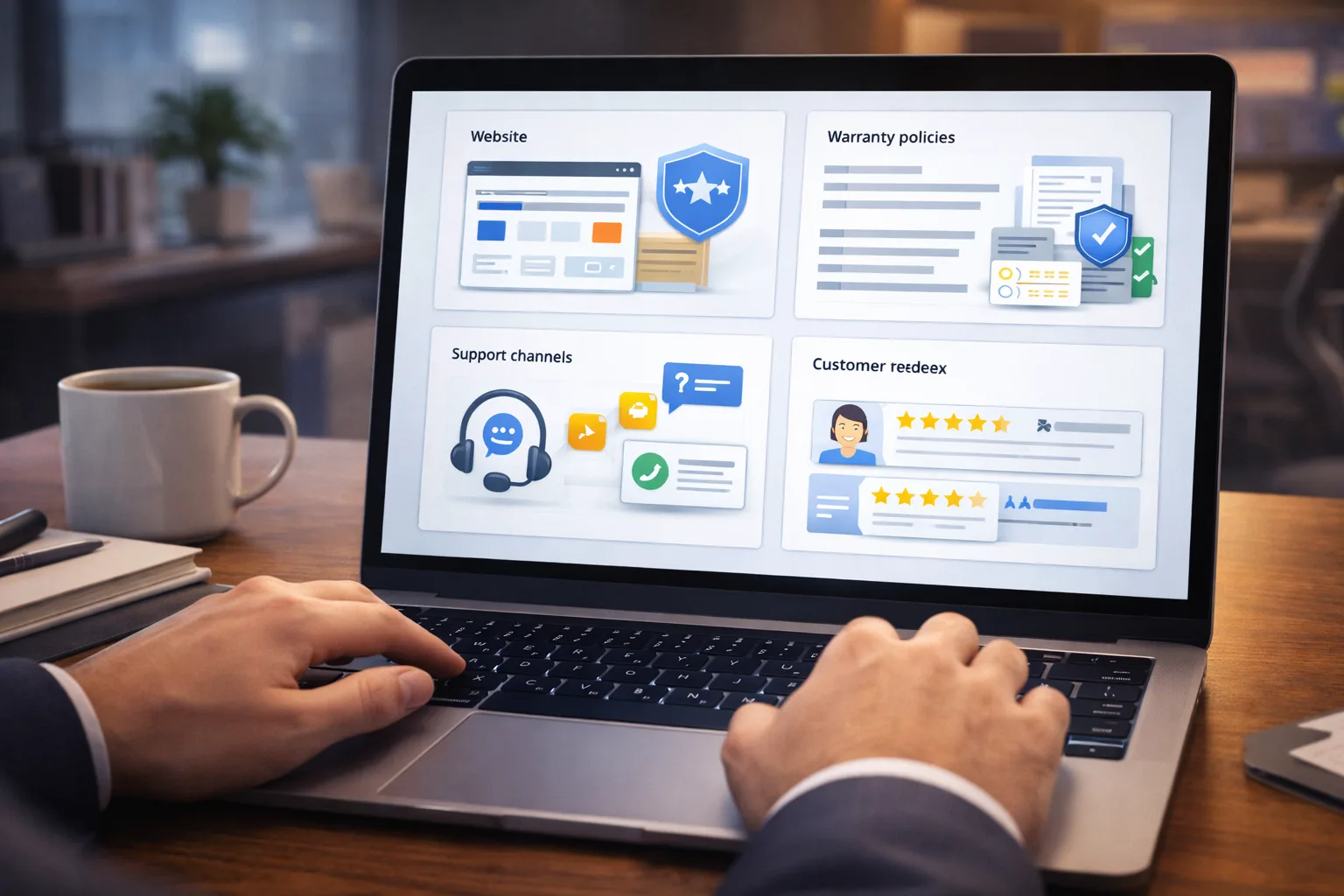 Minh họa quá trình kiểm tra nhà cung cấp tài khoản quảng cáo qua website, chính sách bảo hành và phản hồi khách hàng