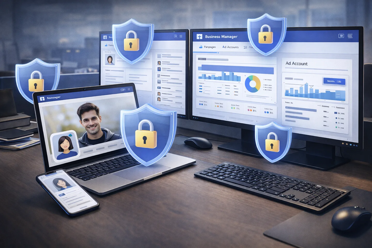 Minh họa nền tảng tài nguyên quảng cáo gồm Via, BM, tài khoản quảng cáo và thiết bị sạch cho chiến dịch VPCS