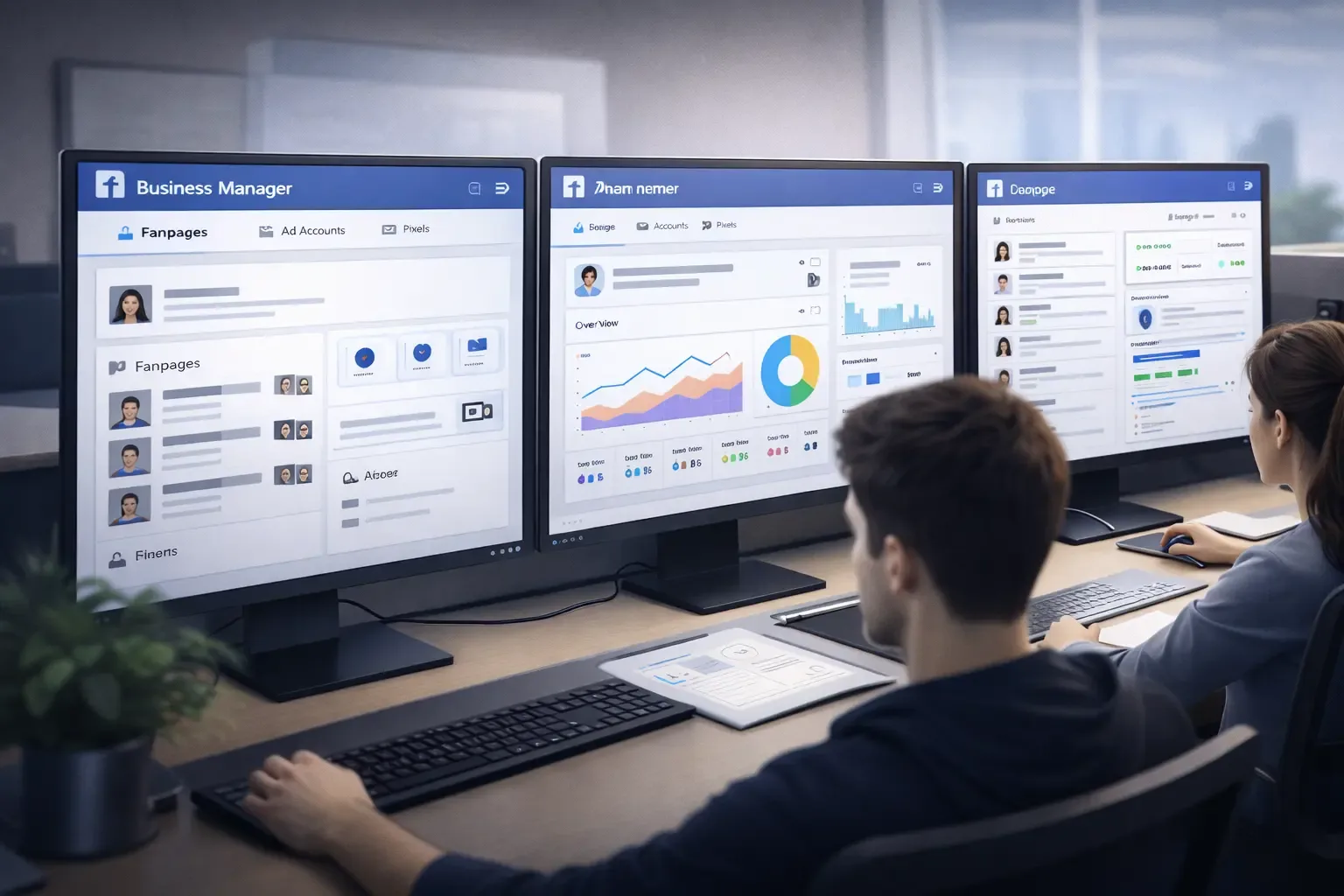 Minh họa giao diện quản trị Business Manager với nhiều tài sản quảng cáo và phân quyền đội nhóm