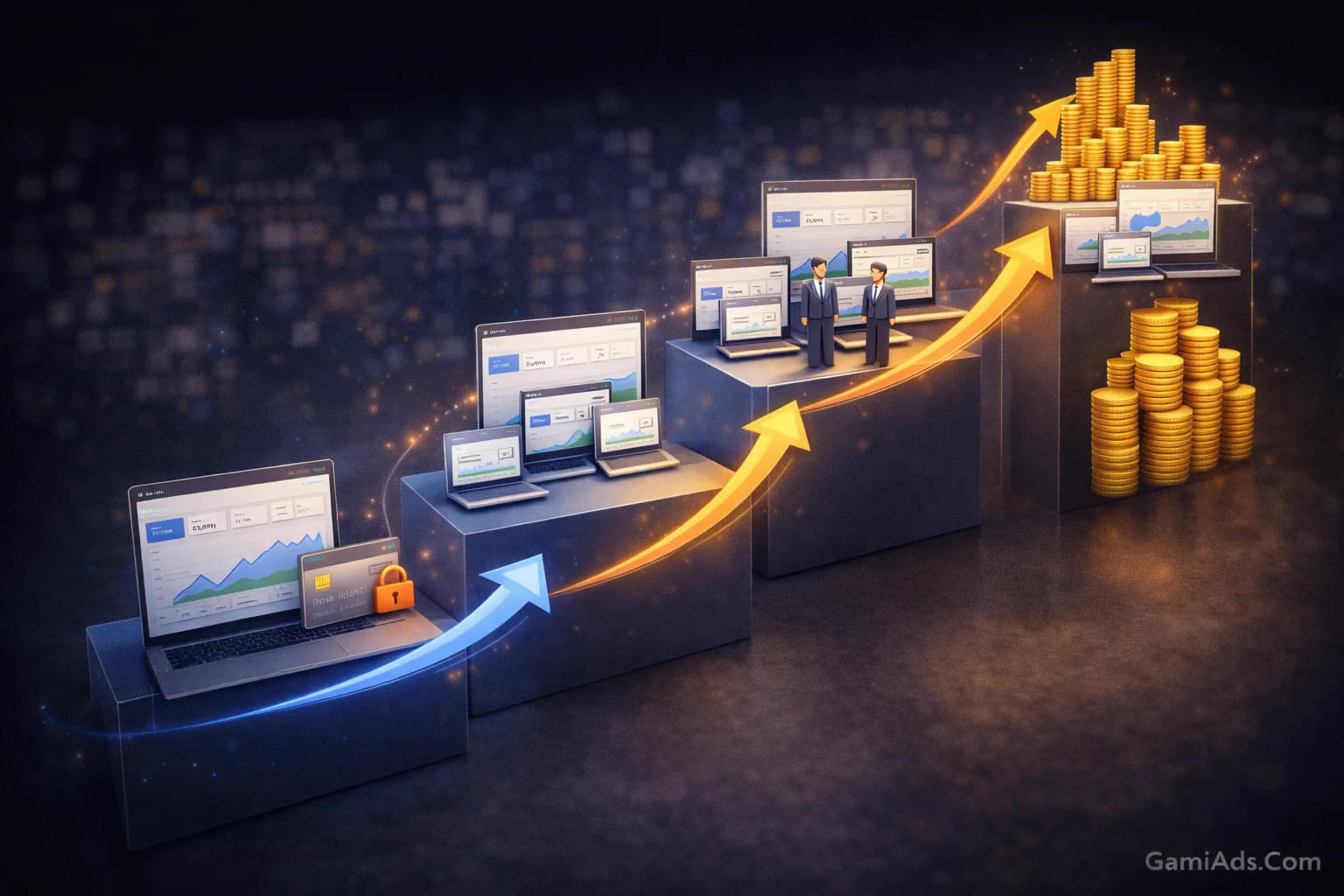 An illustration of choosing Google Ads accounts by business stage, from market testing and growth to large-scale expansion