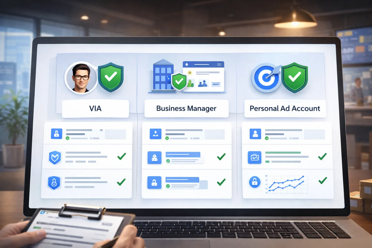 Minh họa việc kiểm tra Via, BM và tài khoản quảng cáo cá nhân trước khi mua tài nguyên Facebook Ads