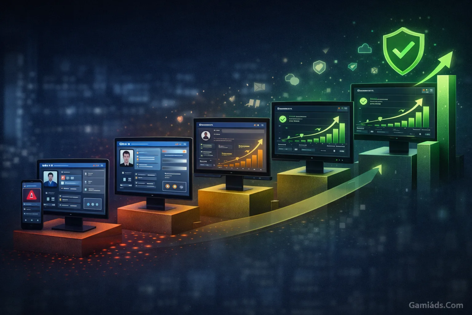 Minh họa lộ trình 5 giai đoạn nuôi tài khoản quảng cáo từ hòa nhập, xây profile đến làm quen quảng cáo và tốt nghiệp