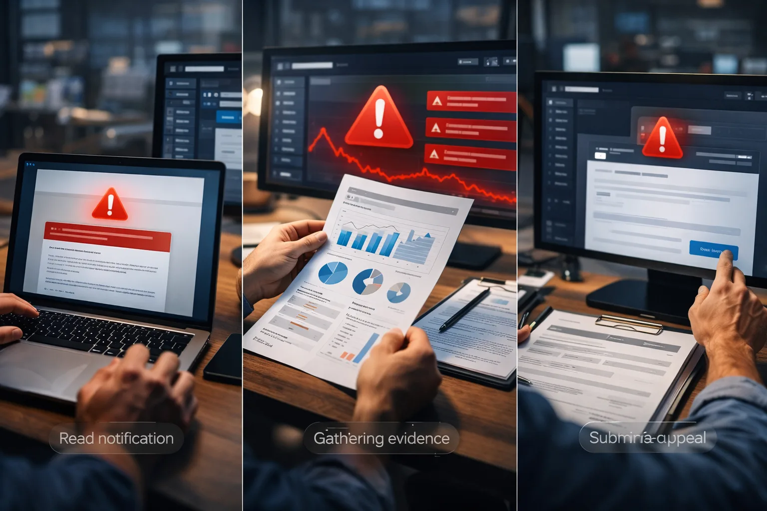 Minh họa quy trình kháng nghị tài khoản quảng cáo gồm đọc thông báo, chuẩn bị hồ sơ và gửi đơn chuyên nghiệp