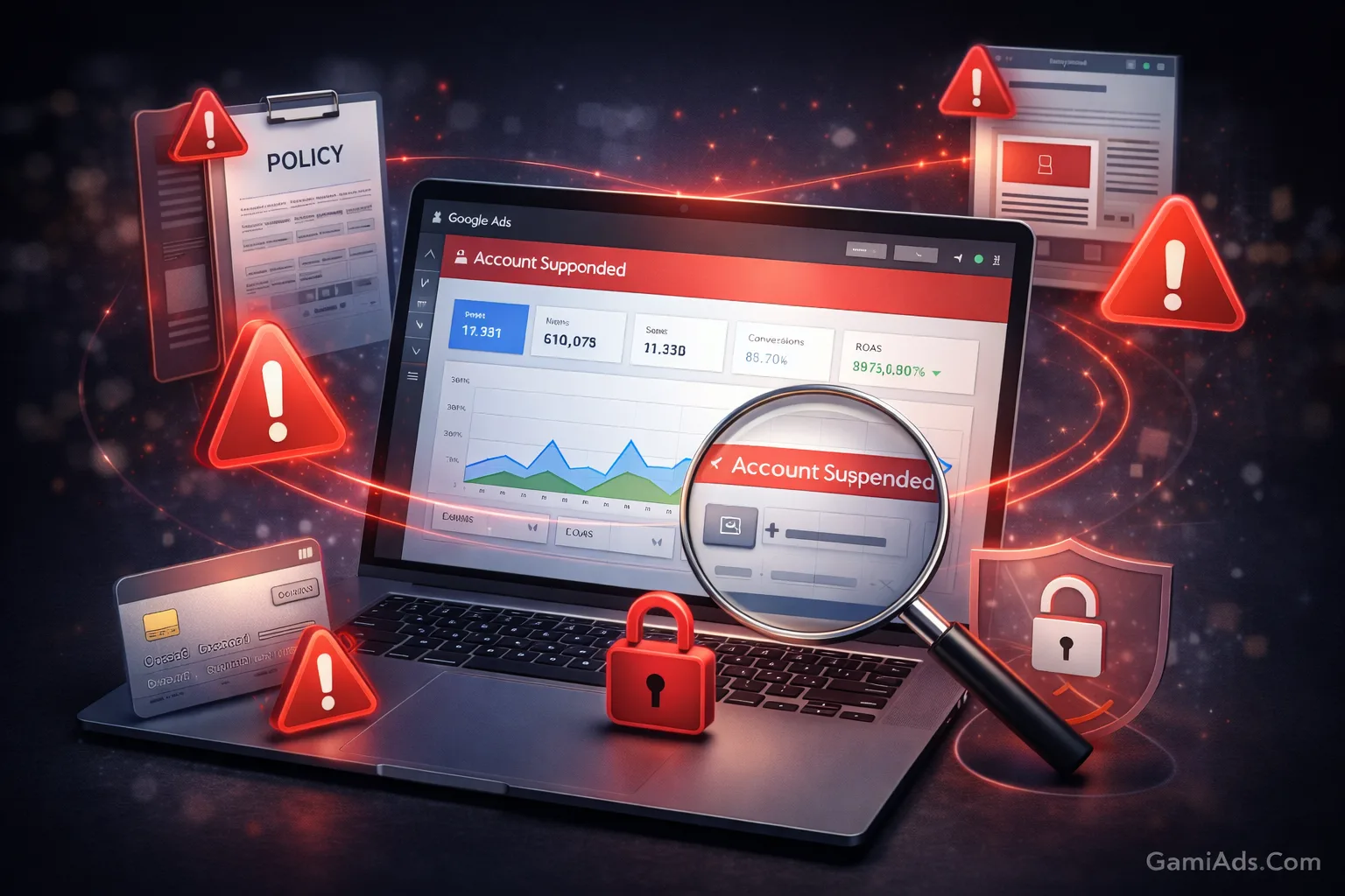 An illustration of Google Ads account suspension risks caused by policy violations, billing issues, and landing page problems