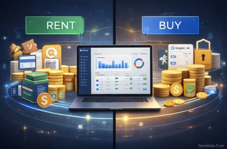 Minh họa so sánh giữa thuê và mua tài khoản Google Ads Invoice theo chi phí, quyền kiểm soát và mức độ linh hoạt