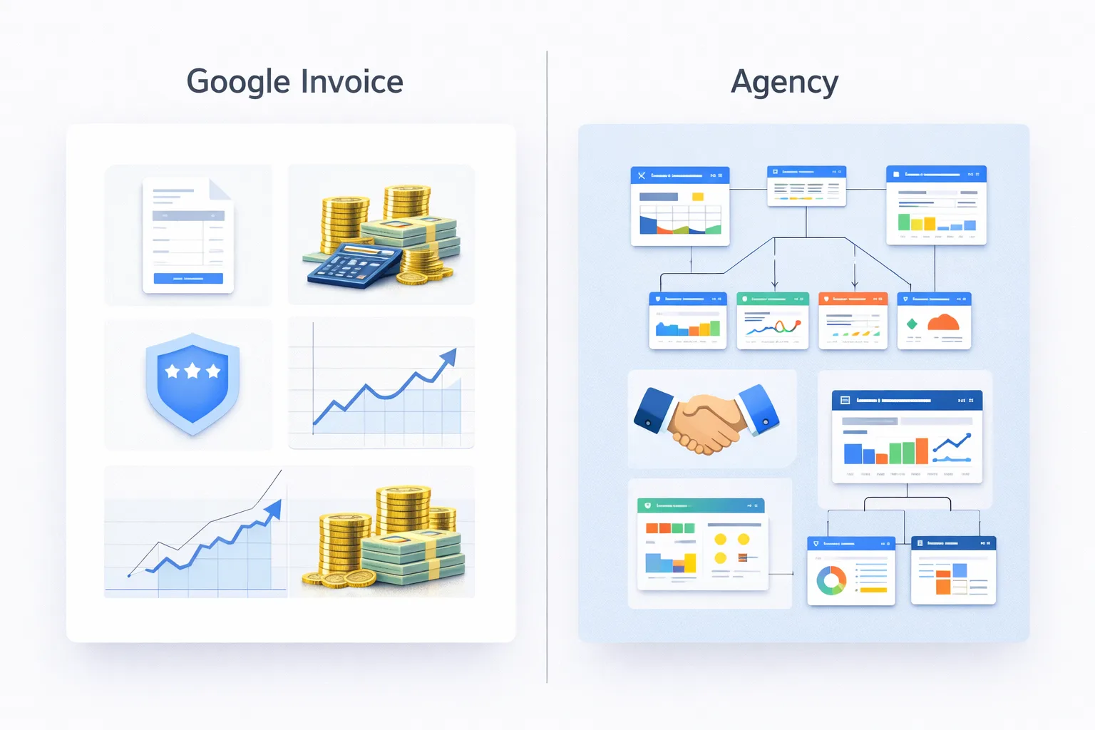 An illustration of a comparison chart between Google Invoice accounts and Agency accounts across key operational criteria