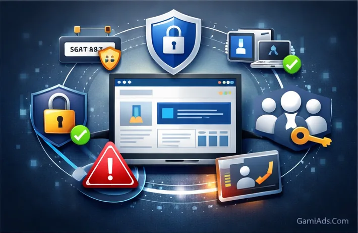 Minh họa checklist bảo mật tài khoản quảng cáo gồm mật khẩu mạnh, 2FA, kiểm tra thiết bị và rà soát quyền truy cập