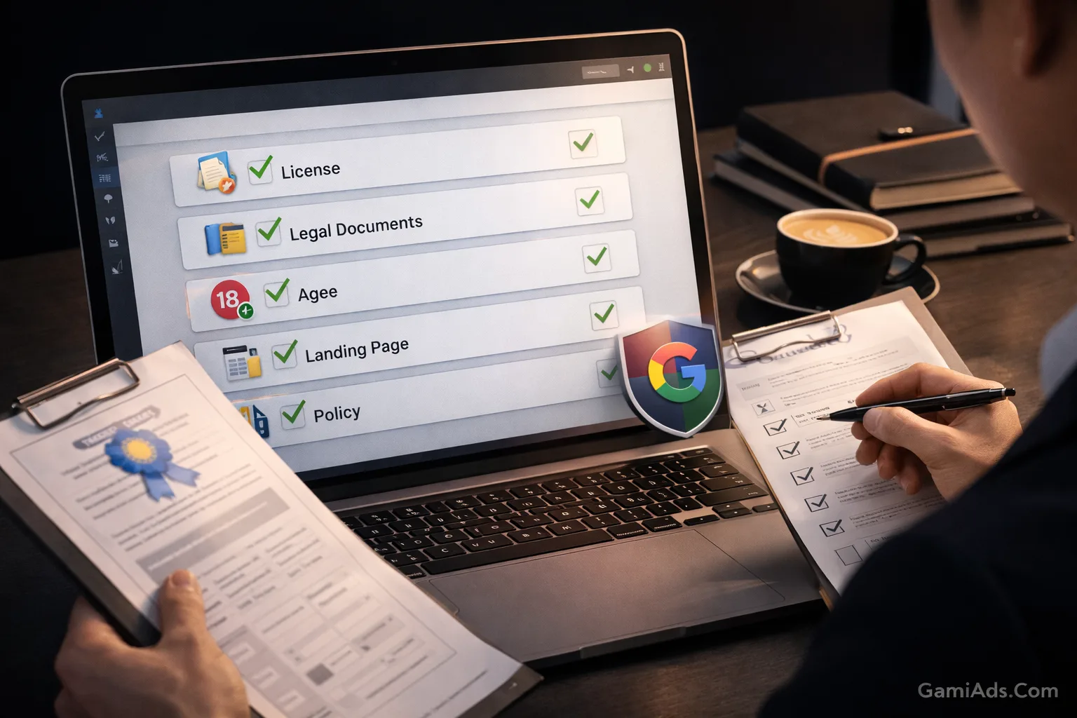 An illustration of a legal and compliance checklist to review before considering Google advertising for sensitive content