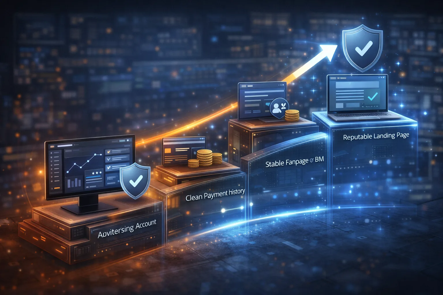 Minh họa chiến lược tăng Trust Score bền vững bằng thanh toán sạch, tài sản tốt và lịch sử quảng cáo ổn định