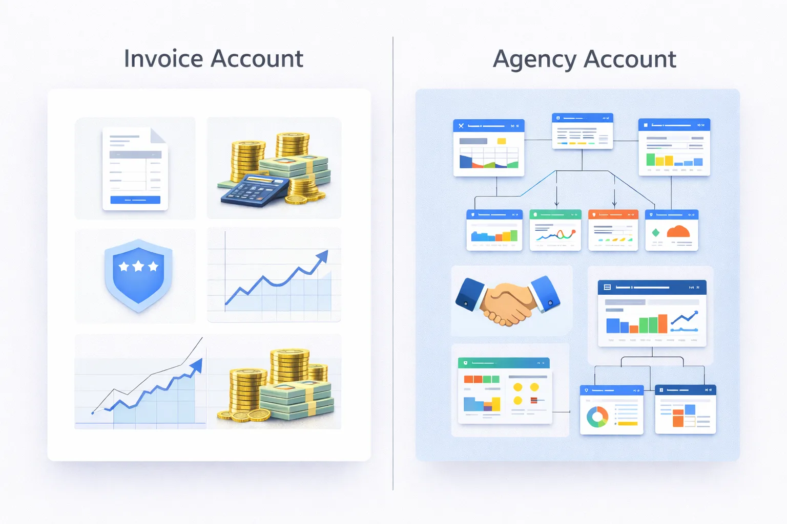 Minh họa kiểm tra tài khoản Invoice và Agency về loại tài khoản, lịch sử ngành hàng và quyền quản trị