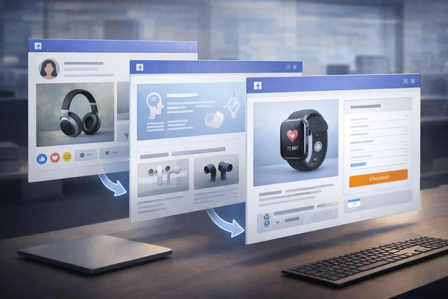 Minh họa luồng đi từ quảng cáo tới pre-lander rồi mới sang landing page bán hàng trong chiến dịch VPCS