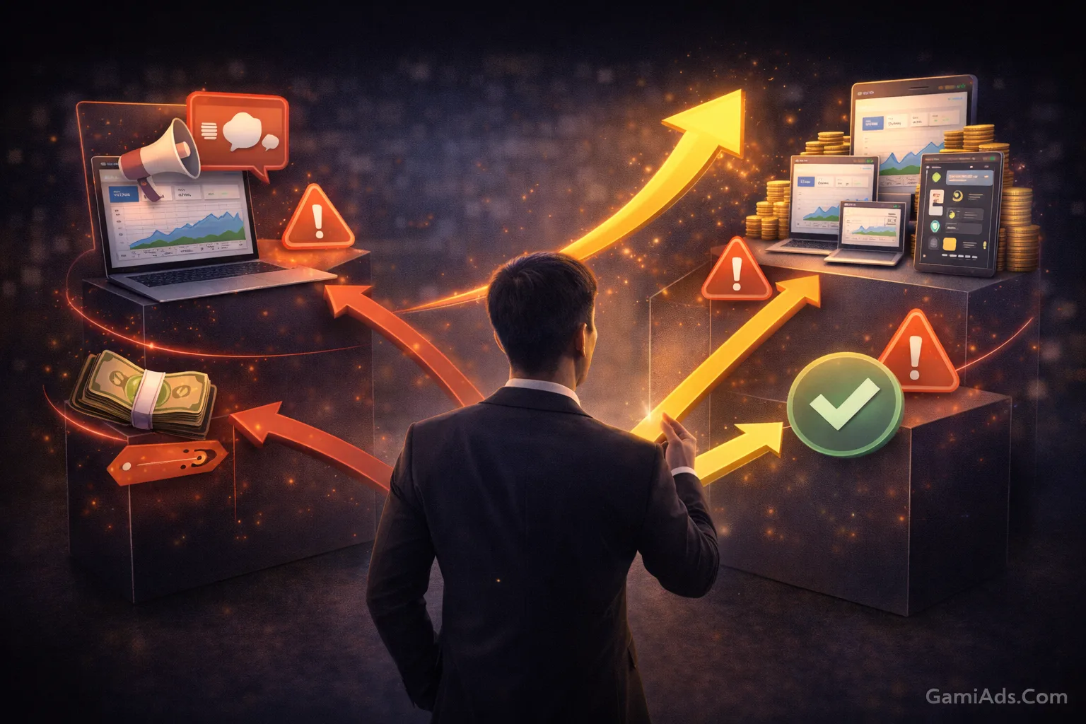 An illustration of common mistakes when choosing a Google Ads account, such as following hype, choosing only by low price, or using an overly powerful account too early