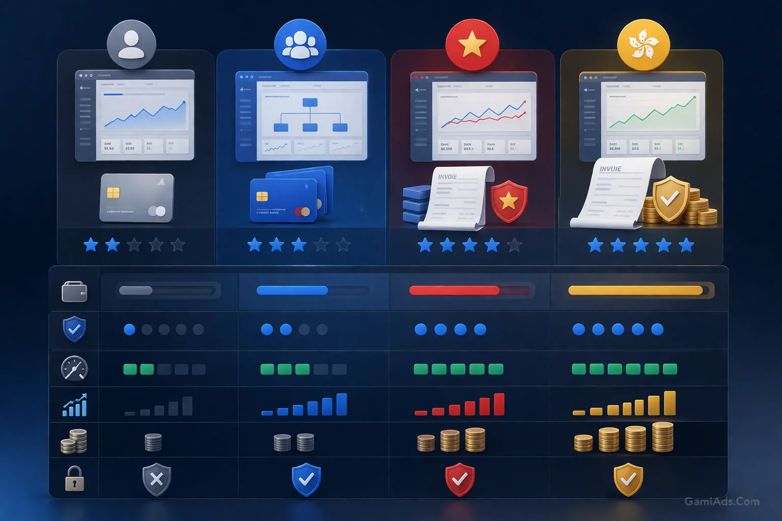 An illustration comparing standard accounts, MCC, Vietnam Invoice, and Hong Kong Invoice in Google Ads operations