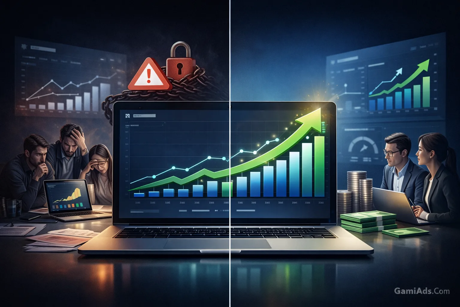 An illustration showing the difference before and after switching to a Google Invoice account for scaling Google Ads