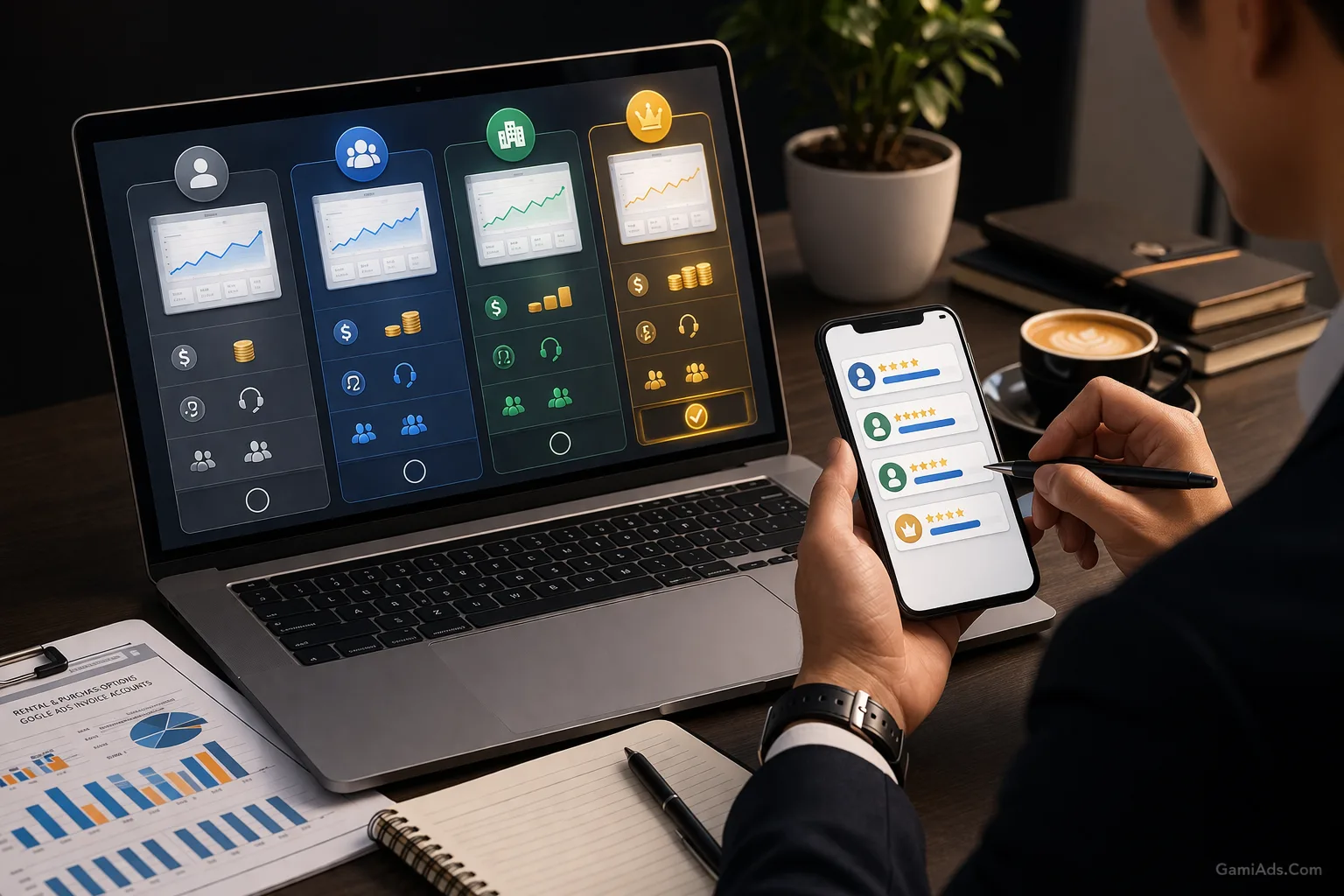 An illustration of the market for renting and buying Google Ads Invoice accounts with different pricing models and support conditions