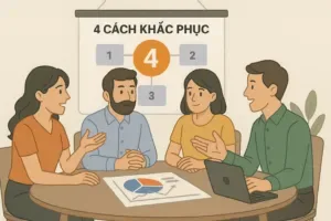 Nhóm marketer ngồi bàn tròn trao đổi về bốn phương án giải quyết lỗi tránh né hệ thống trong quảng cáo Google Ads